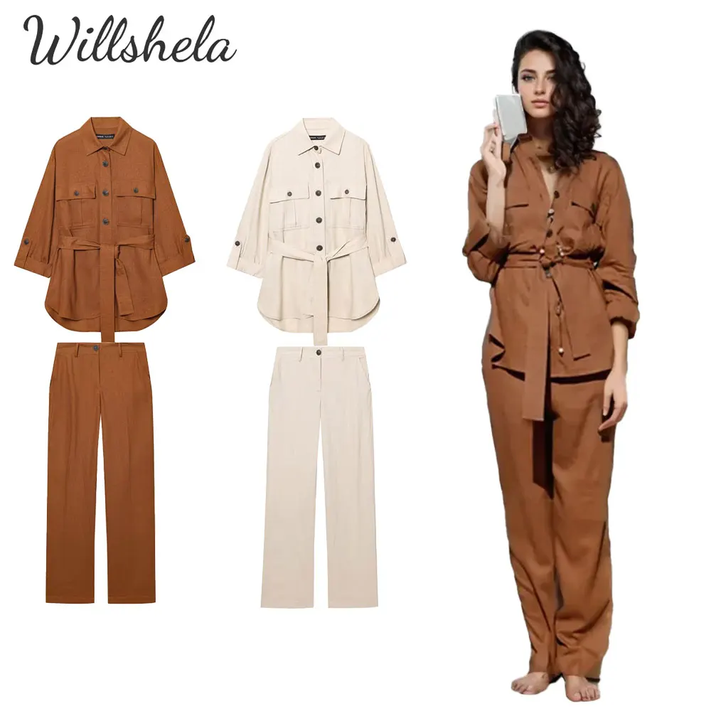 

Willshela женские модные льняные комплекты из 2 предметов, свободная повседневная рубашка и прямые брюки, женские шикарные женские брюки, координаты