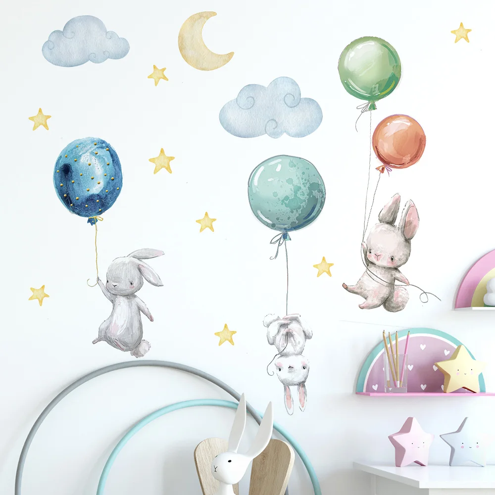 Simpatici adorabili conigli volanti adesivi murali palloncini Moon Star Cloud decalcomania rimovibile per bambini Nursery Baby Room Decor Poster