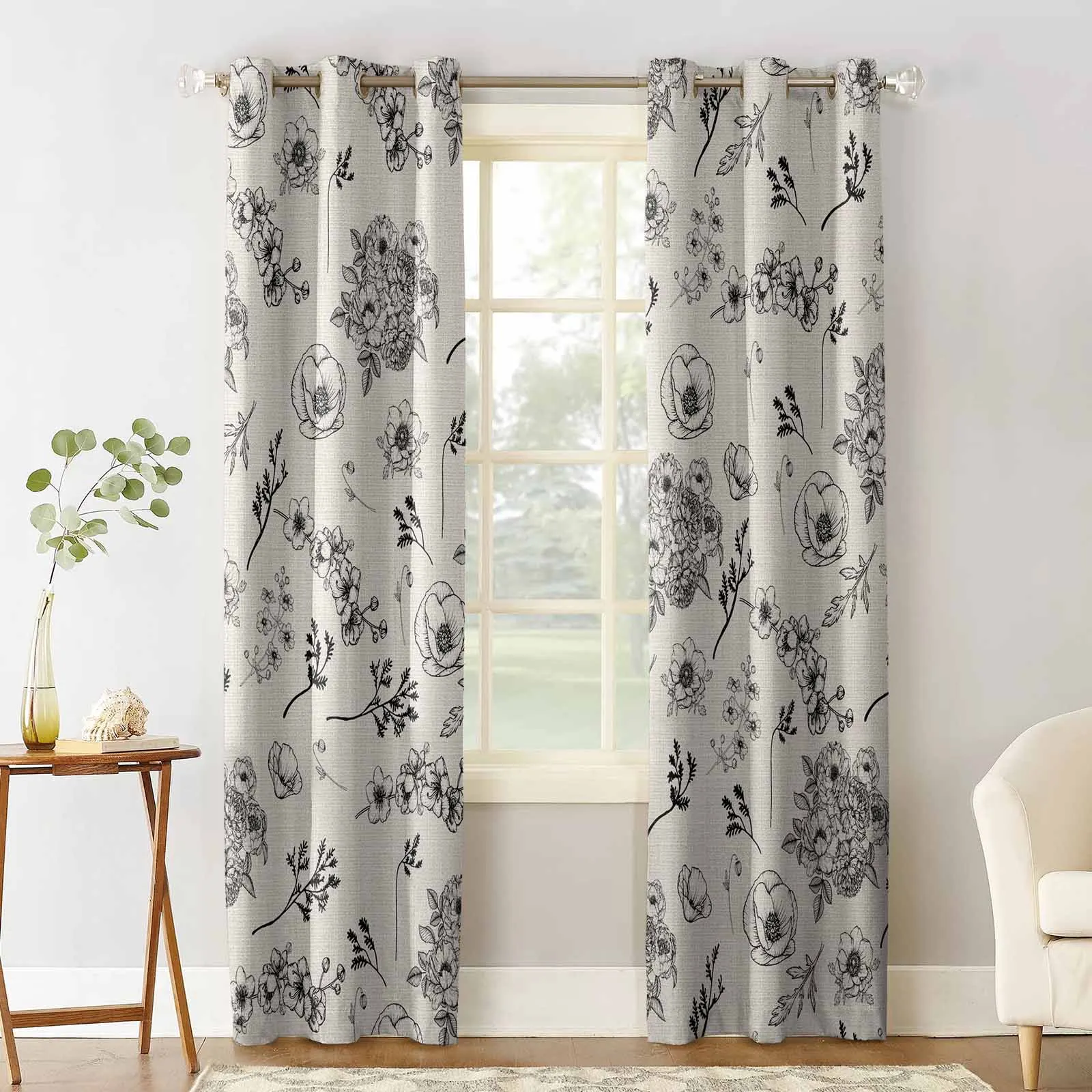 Sketching Flower Leaves Window Curtain Living Room Kitchen Curtain Panel Blackout Curtains For Bedroom