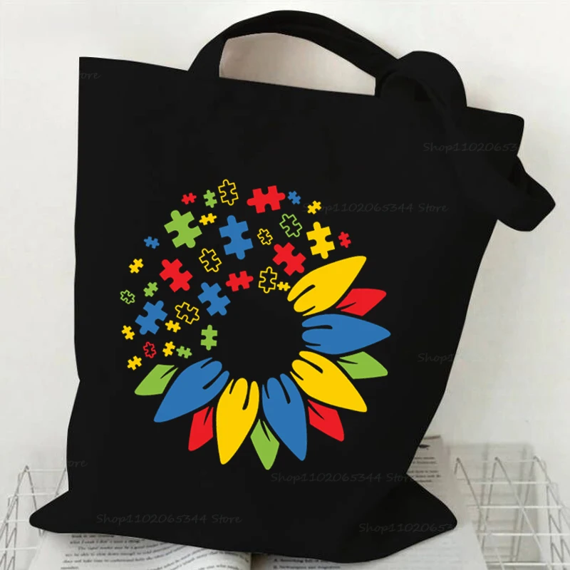 Heart Autism Jigsaw Puzzle Graphics Women's Shoulder Handbags Fashion Vintage Autism Series Shopping Bags Teen Canvas Tote Bags