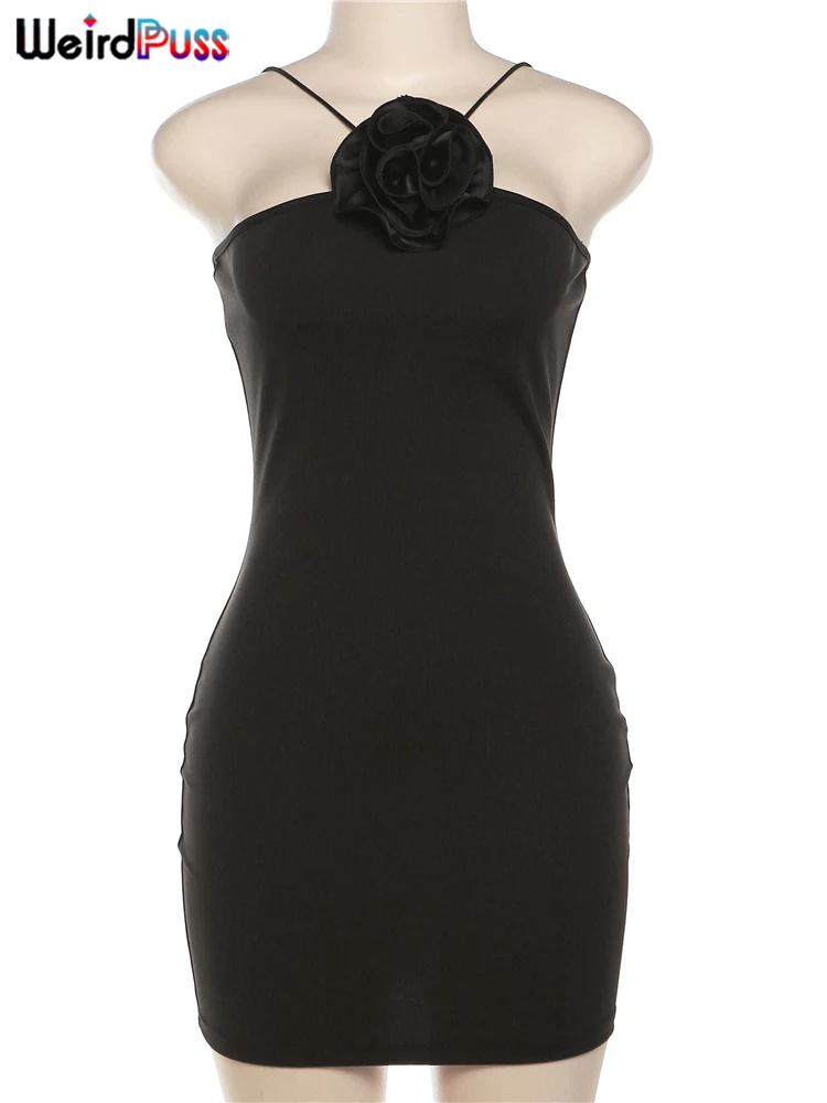 이상한 Puss 세련된 꽃 여성 드레스 스파게티 스트랩 홀터넥 백리스 슬림 피트 솔리드 Bodycon 섹시한 자정 클럽 파티 미니 가운