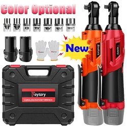 New 3/8 Inch Cordless Electric Wrench 90° Right Angle Ratchet Wrenches 12V Rechargeable Car Repair Tool with 2 Battery 7 Sockets