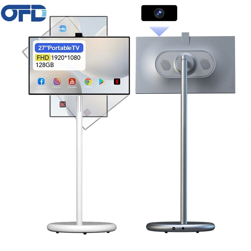 

2025 New Stand Portable Tv For Indoor Android 15 Mobile Smart Tv On Wheels OFD 27 Inch Portable Monitor With Battery