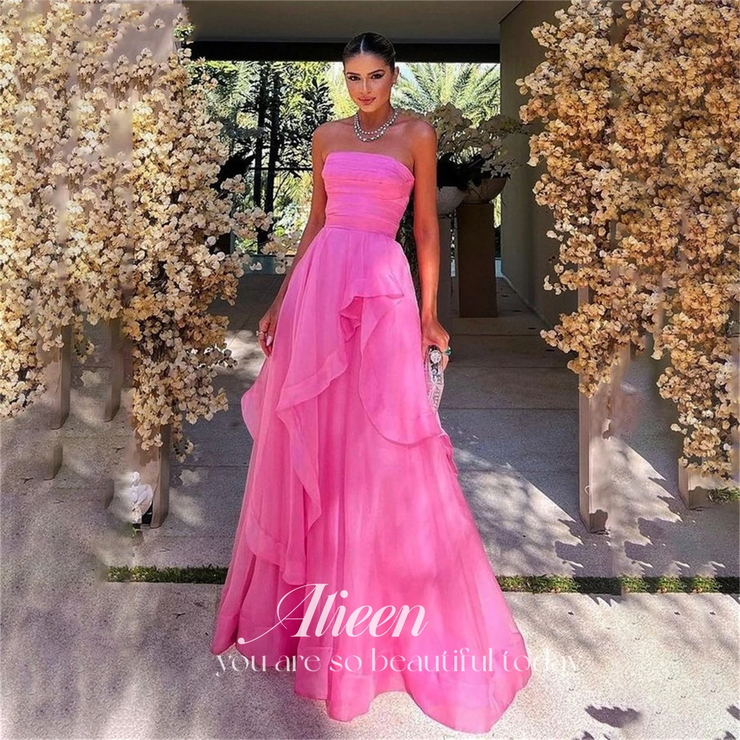 

Aileen Hot Pink Ruffles Prom Dresses Sweetheart Pleated Strapless Floor Length Formal Evening Dress Women Special Party Gowns