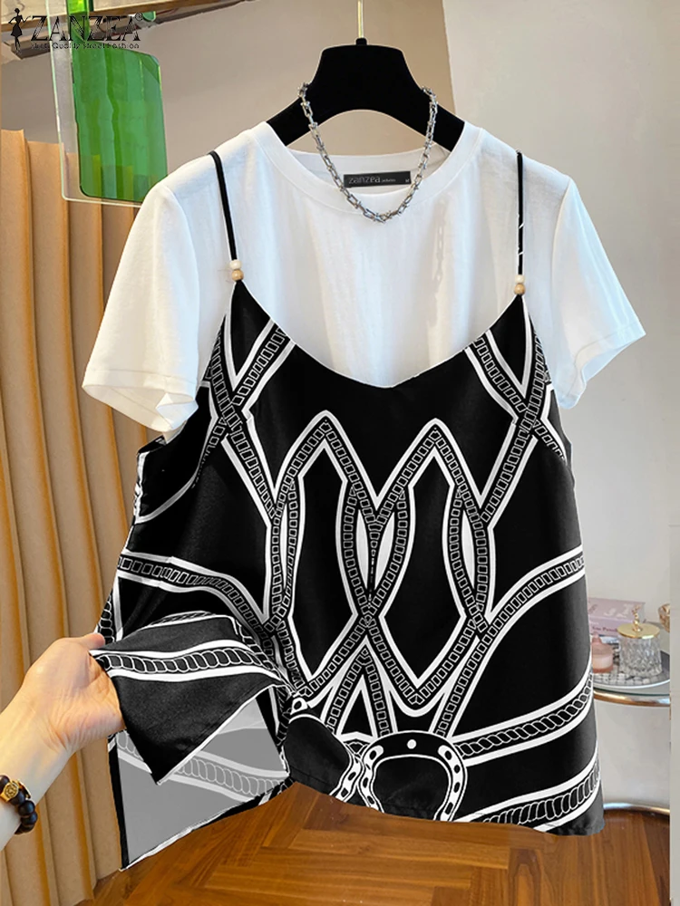 2025 ZANZEA Holiday Printed Shirt Stylish Summer Two Pieces Blouse Women Tanks Tops Casual O Neck Short Sleeve Work Blusas Camis