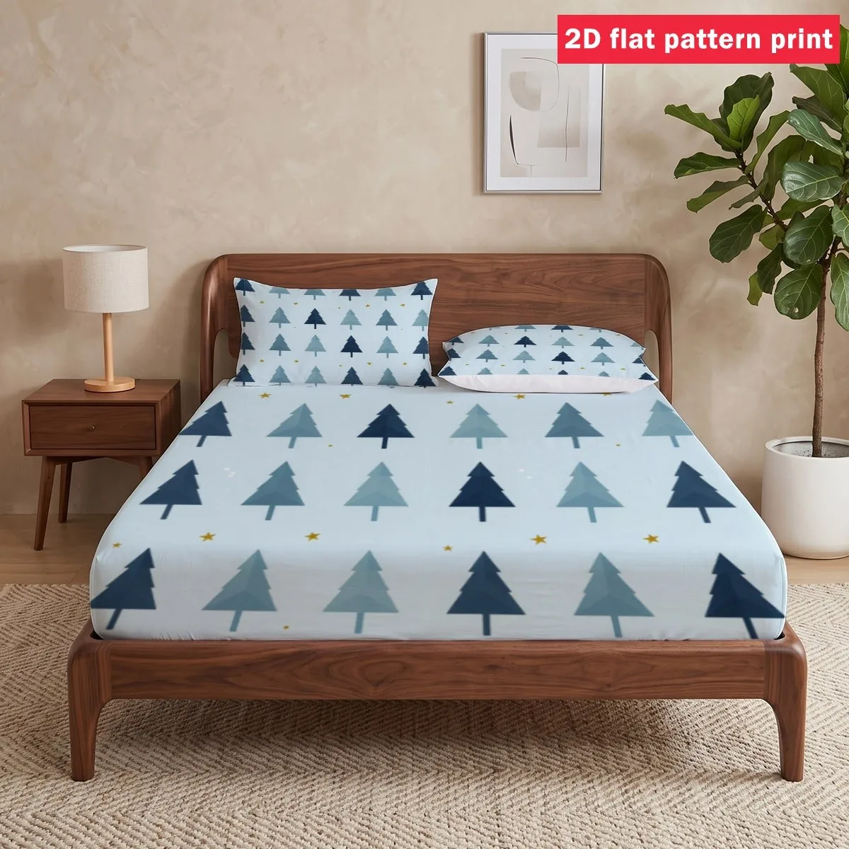 Minimalist Style 2D Digital Print Three-Piece Fitted Sheet Set, 2D Digital Print Three-Piece Bedding Set (Includes 1 Fitted Sheet + 2 Pillowcases), 3-Piece Set, Large Capacity Deep Pocket 2D Printed Fitted Sheet and 2 Pillowcases, Fitted Sheet Style with Elastic Band, Protective Cover, Mattress Protector, Machine Washable Design, Holiday Decoration, Various Sizes, Breathable Protective Cover Plus Pillowcase