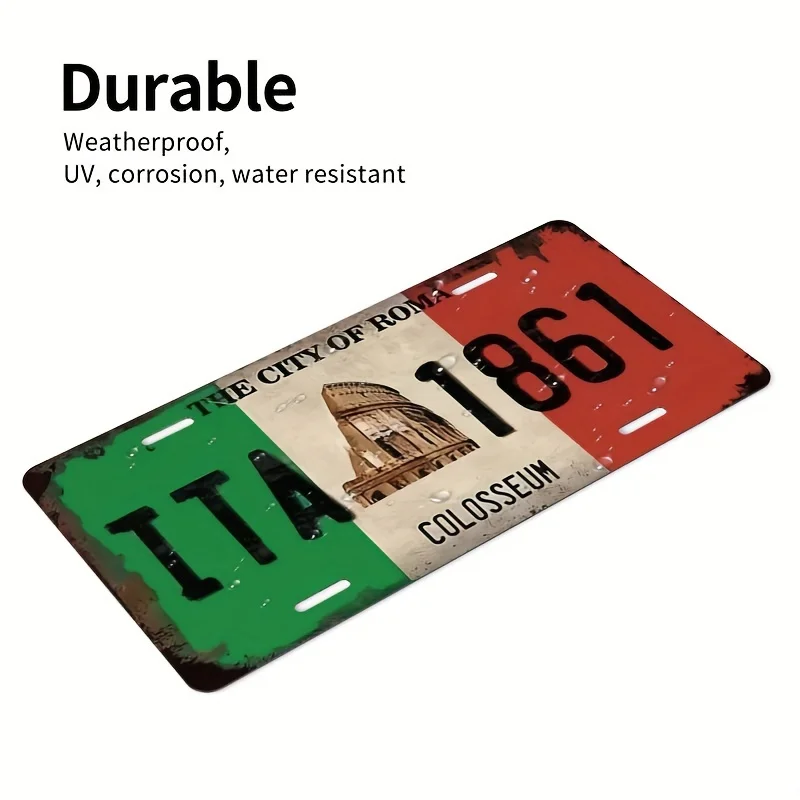Italian License Plate Wall Decor - Colosseum 1861 Design, Durable Aluminum Weatherproof Metal Art with UV & Corrosion Resistant