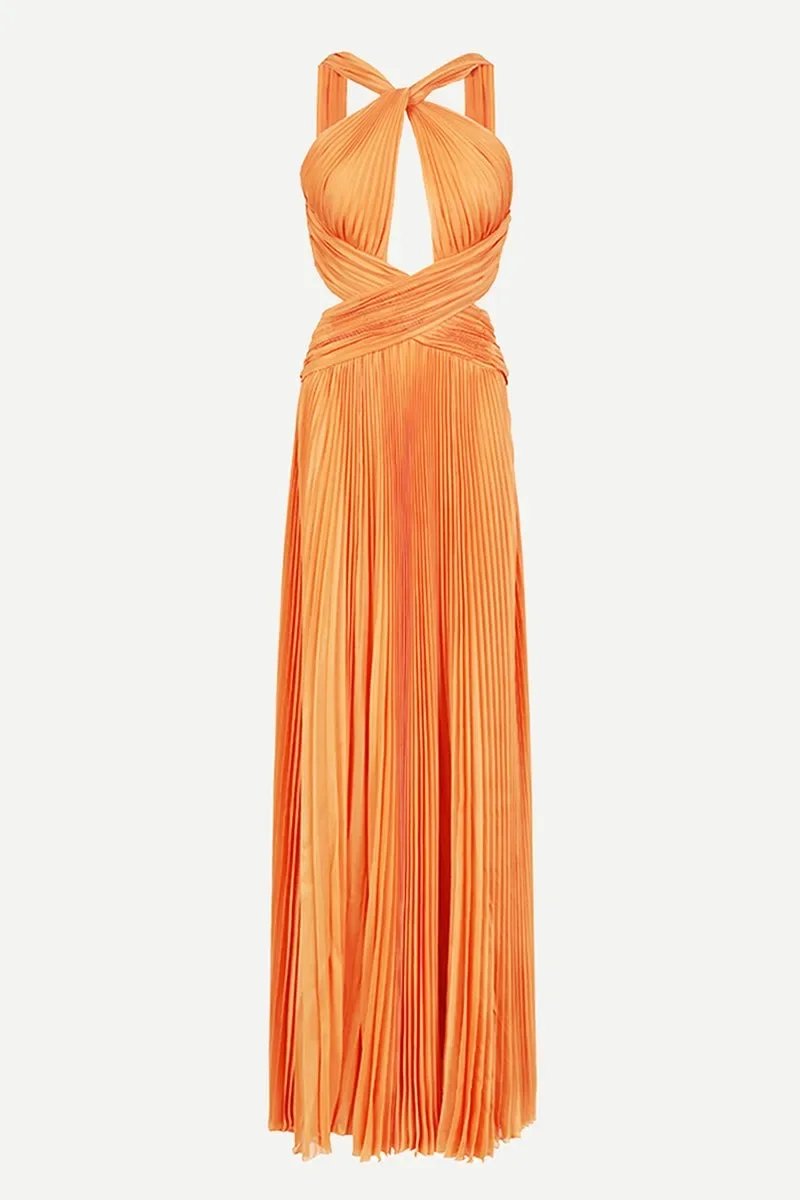 Elegantes vestidos de noche largos de color naranja con cuello halter, plisados, corte en A, tul, hasta el suelo, vestidos de fiesta para mujer