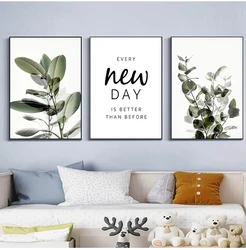Green Plant Leaves Poster Print Eucalyptus Wall Art Canvas Painting Picture for Living Room Optimistic Quote Home Decoration