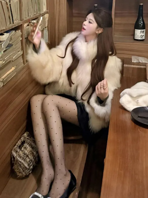 

Ele Stand Collar Fur Coat Youth Faionable Whole Skin Warmth Long Sve Stand Fit Women's Outerwear Winter Outerwear