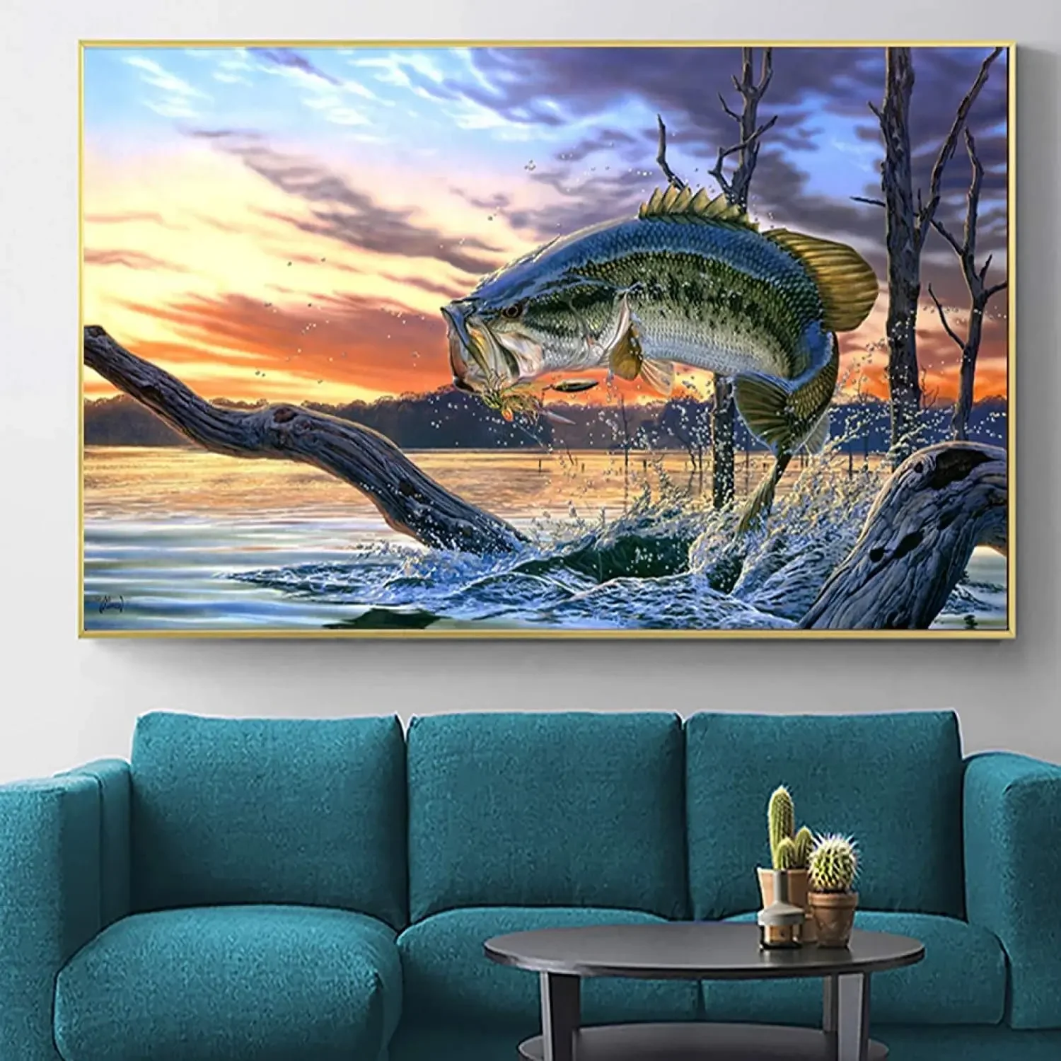 Jumping Largemouth Bass Fish Canvas Oil Painting