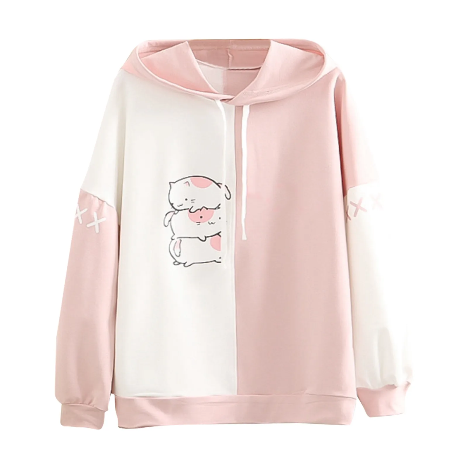 Harajuku Blue Pink Sweet Sweatshirt Hoodies Cartoon Cat Printed Hooded Women Winter Thick Warm Female Cute Kawaii Tops Tracksuit