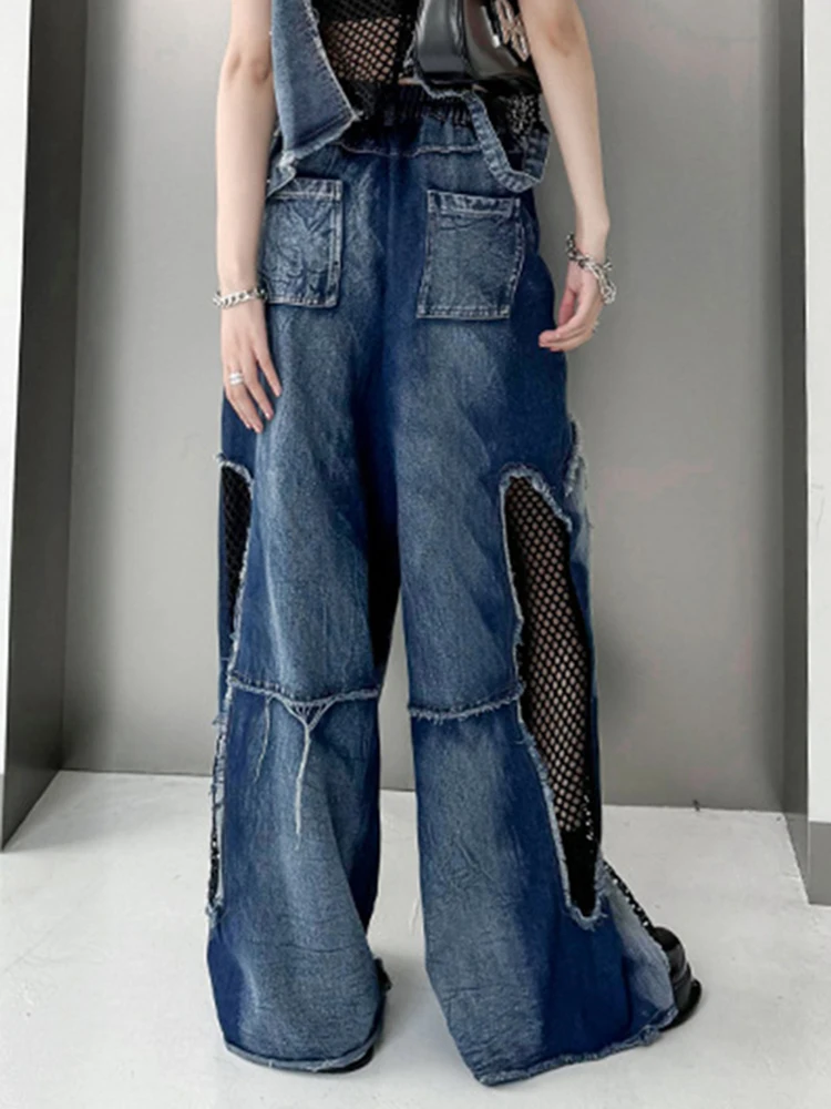 [EAM] High Waist Blue Hollow Out Mesh Denim Wide Leg Jeans New Women Trousers Loose Fashion Tide Spring Autumn 2024 1DH4343