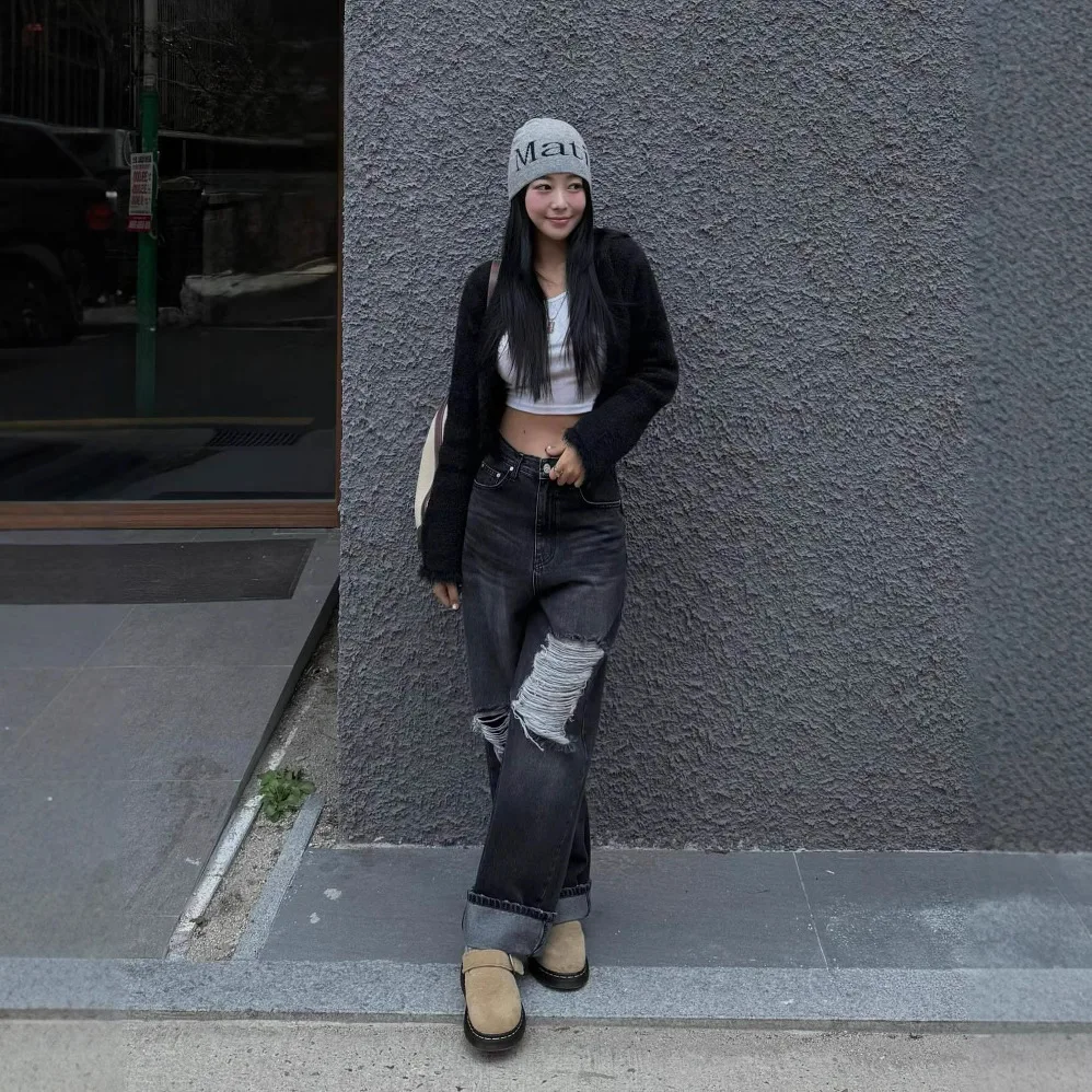 Jeans Donna Pantaloni a gamba larga Denim con foro Vita media Tasche lavate invecchiate Lunghezza pavimento 2025 Pantaloni dritti streetwear