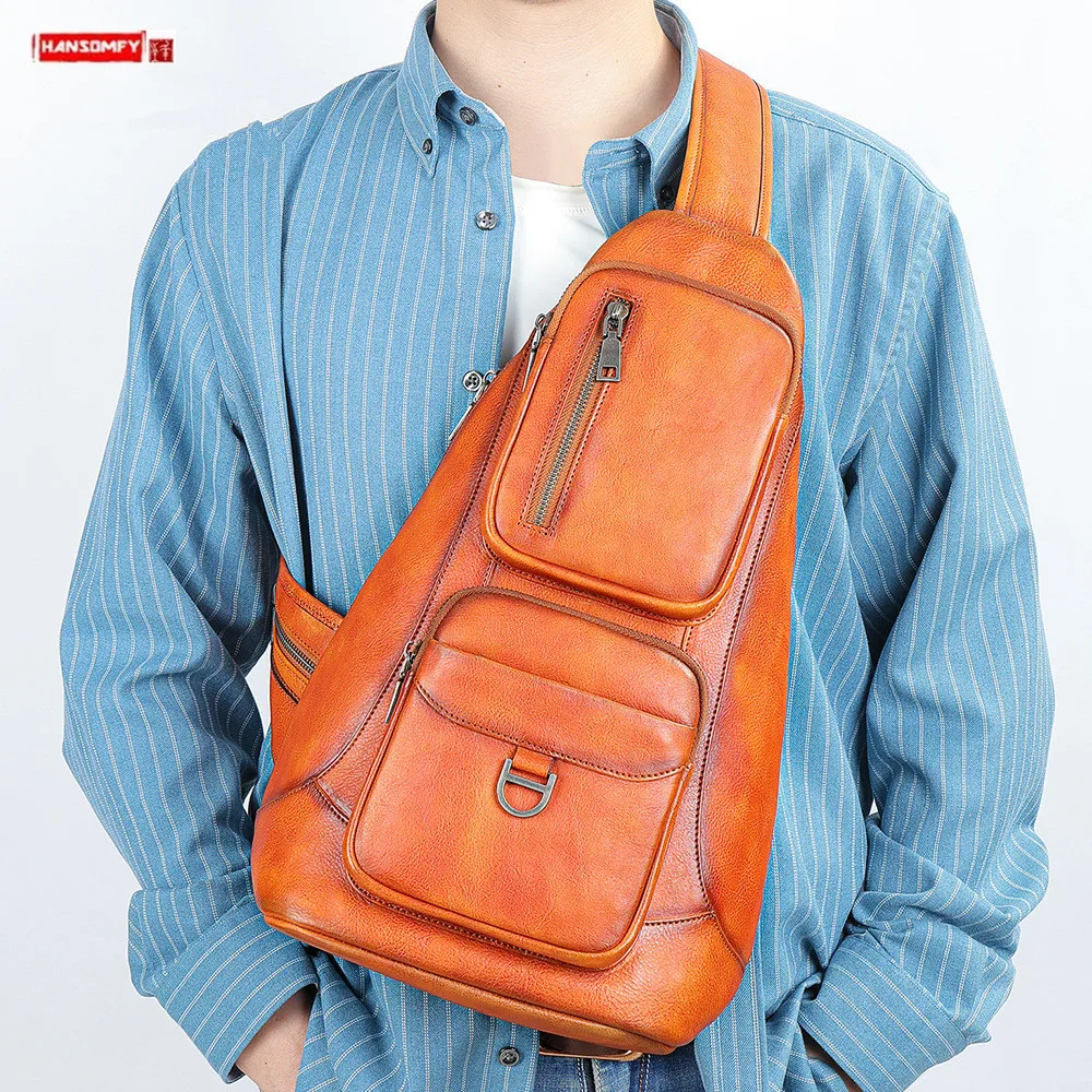 

New Leather Men's Chest Bag Large Capacity Vegetable Tanned Leather Shoulder Crossbody Bag Senior Head Layer Cowhide Back Packs