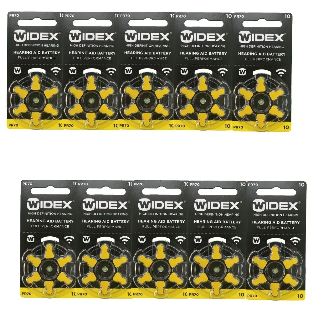 Box of Widex Hearing Aid Batteries Size 10 A10 10A Yellow PR70 Zinc Air (60 battery cells)