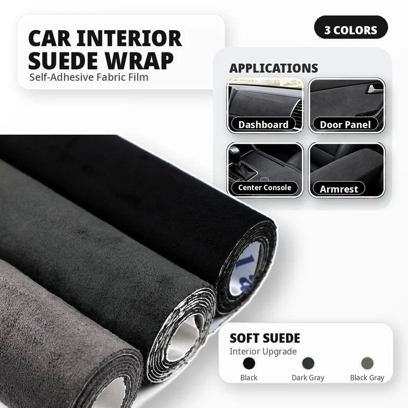 Schwarz-Grauer Selbstklebender Wildleder-Stoff für Autoinnenräume DIY Polsterung Aufkleber für Türverkleidungen Armaturenbrett Konsole