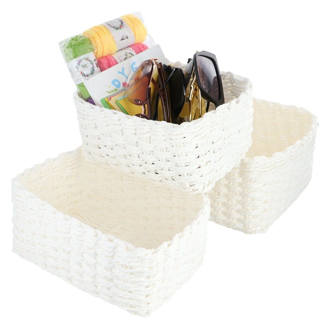 3Pcs Paper Rope Woven Storage Baskets White Wicker Basket Household Organizer Basket Rectangular Bin Stackable Wicker Baskets