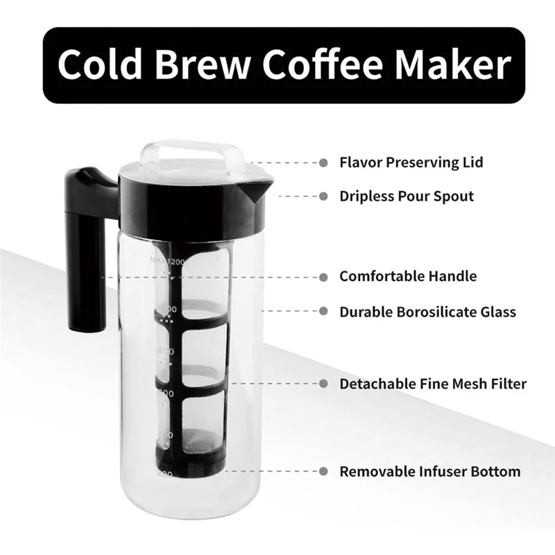 A45I Cold Brew Coffee Maker, Glass Iced Coffee Maker and Tea Infuser with Leak-Proof Pitcher with Mesh Filter