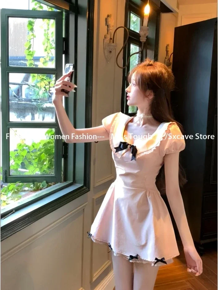 Elegant Short Sleeve Kawaii Mini Dress Women Casual 2000s Vintage Y2k Clothing Japanese Sweet Pink Dress Evening Party Chic