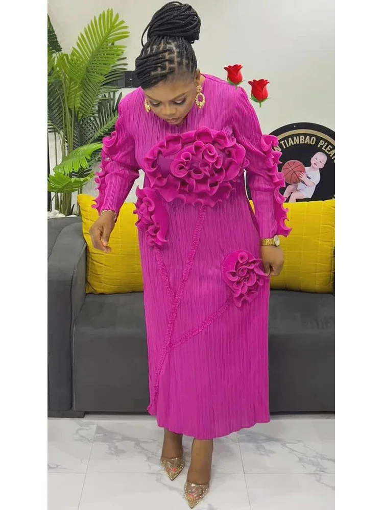 

Fashion Pleated Fungus Dress Women V Neck Full Sleeve A Line Evening Party New 2025 Solid Color Female Dresses