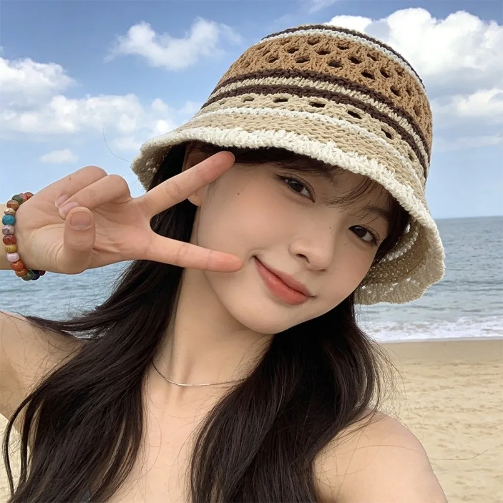 

Versatile Wide Brim Striped Bucket Hat Hollow Out Breathable Beach Sun Hat Foldable Patchwork Crochet Panama Hat Daily