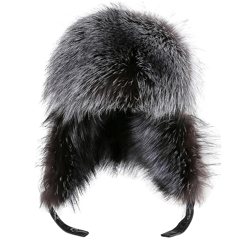 

Winter Real Fox Fur Bomber Hat Leather Earflaps Warm Windproof Men's Raccoon Fur Russian Ushanka Cap Silver Fox Trapper Ski Hats