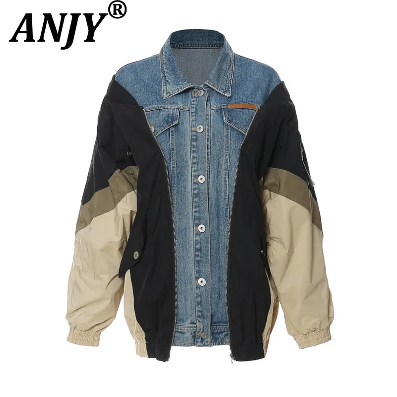 

ANJY Autumn New Woman Chic Coats Denim Patchwork Contrast Color Turn-down Collar Single Breasted Fashion Streetwear Jacket A8693