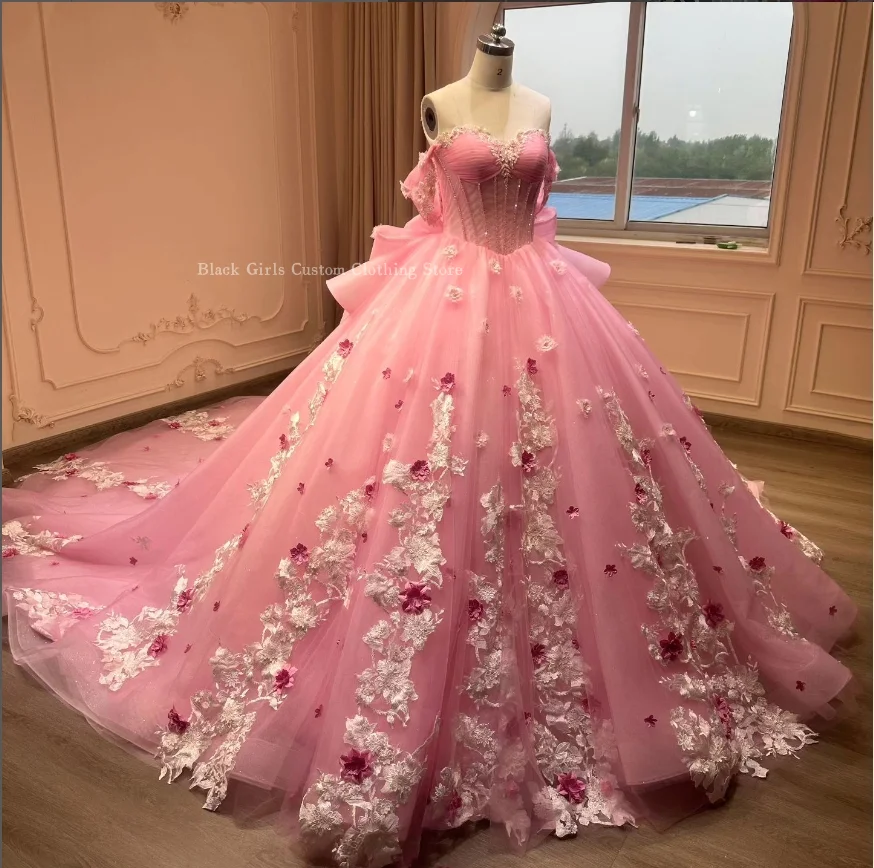 Vestidos de fiesta de princesa rosa de ensueño, vestidos de quinceañera, precioso vestido Floral 3D con apliques de tren catedral, vestido personalizado de 15 años