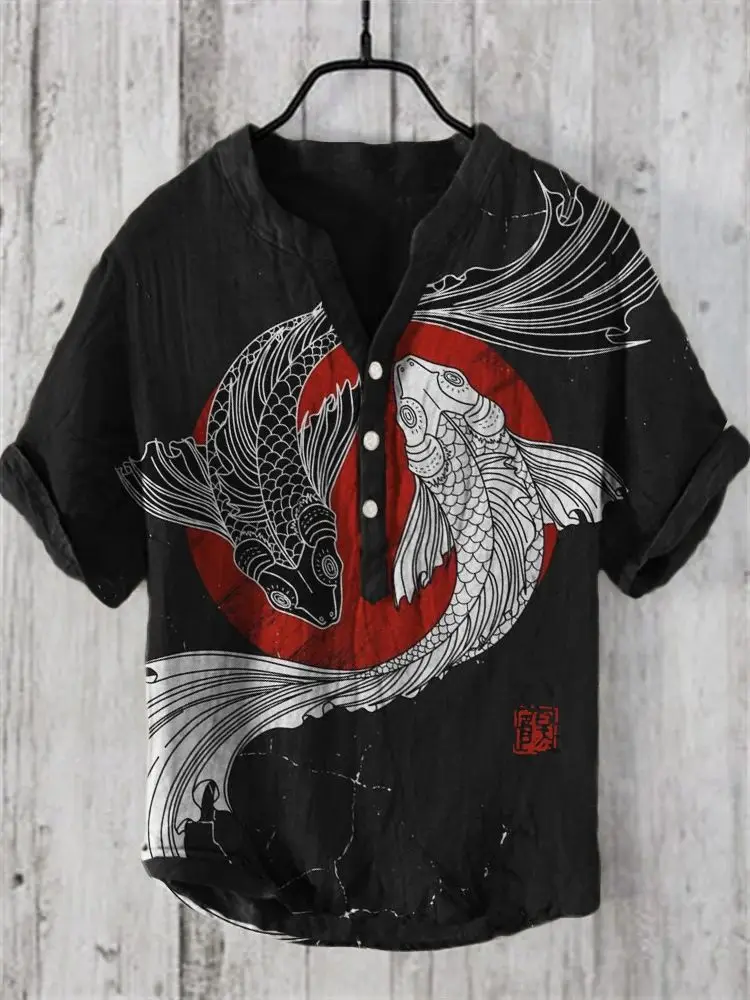 

2024 New Hawaii Shirt Fish Series 3D Digital Printing Bamboo Hemp Youth Men's Short sleeved Shirt Casual Chinese Style