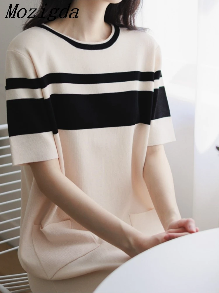 فستان نسائي صيفي مخطط بتصميم كلاسيكي جديد أنيق على الطراز الكوري مستقيم للشاطئ فضفاض متوسط الطول فساتين للسيدات غير رسمية #1