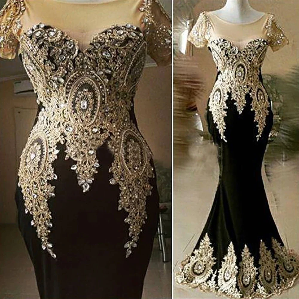 Vintage Short Sleeves Black Mermaid Evening Dresses Sparkly Crystals Beads Gold Lace Appliques Women Long Prom Party Gowns