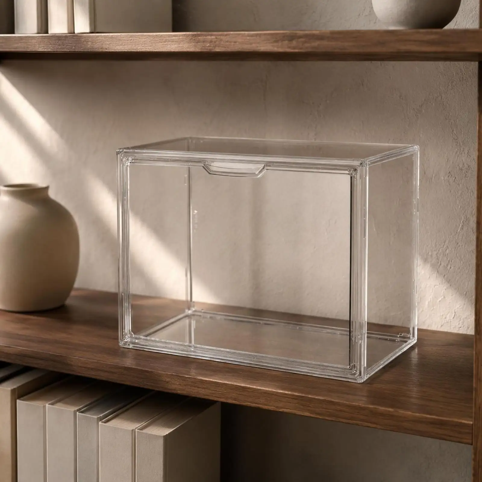Transparent Plastic Display Case with Flip Lid for Figure Handbag Makeup Storage Stackable Acrylic Organizer Cabinet for Closet