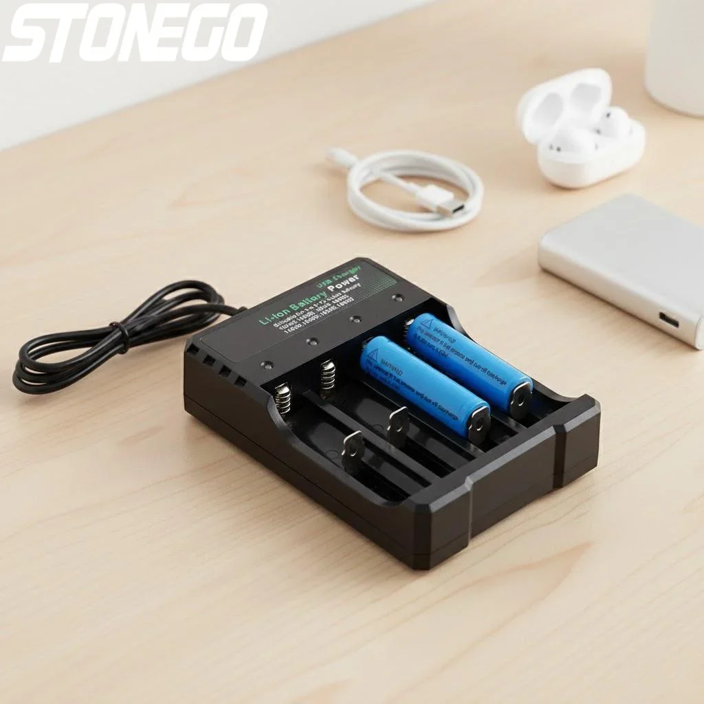 4 Slot USB Lithium Ion Battery Charger for 3.7V 18650 14500 16340 18500 18350 10440 Cells Fast Charging 5V DC Input