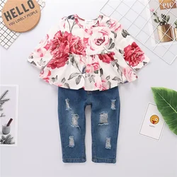 2PCS Clothes Set  Toddler Baby Girl Floral Print Long Sleeve Top+Ripped Hole Denim Pant Autumn Costume  for Kids Girl 1-4 Years