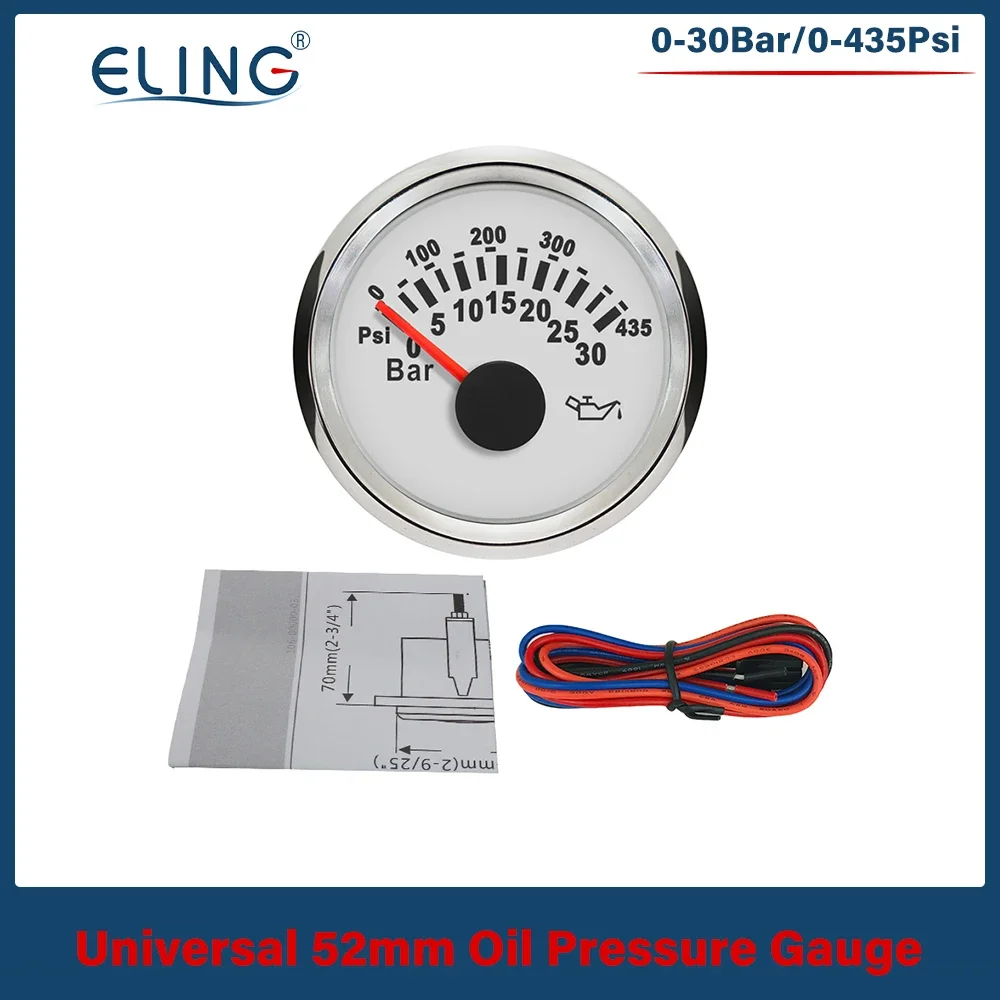 

ELING 52mm Oil Pressure Meter 0-30Bar 0-435Psi with Red Backlight for Yacht Car Boat 12V 24V