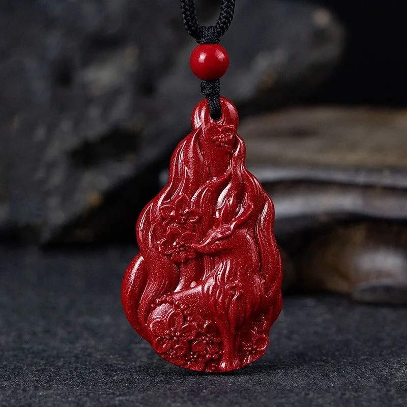 

Fashion Cinnabar Jade Nine tailed Fox Pendant Necklace Jewellery Chinese Healing Women Man Luck Gift Sweater Chain