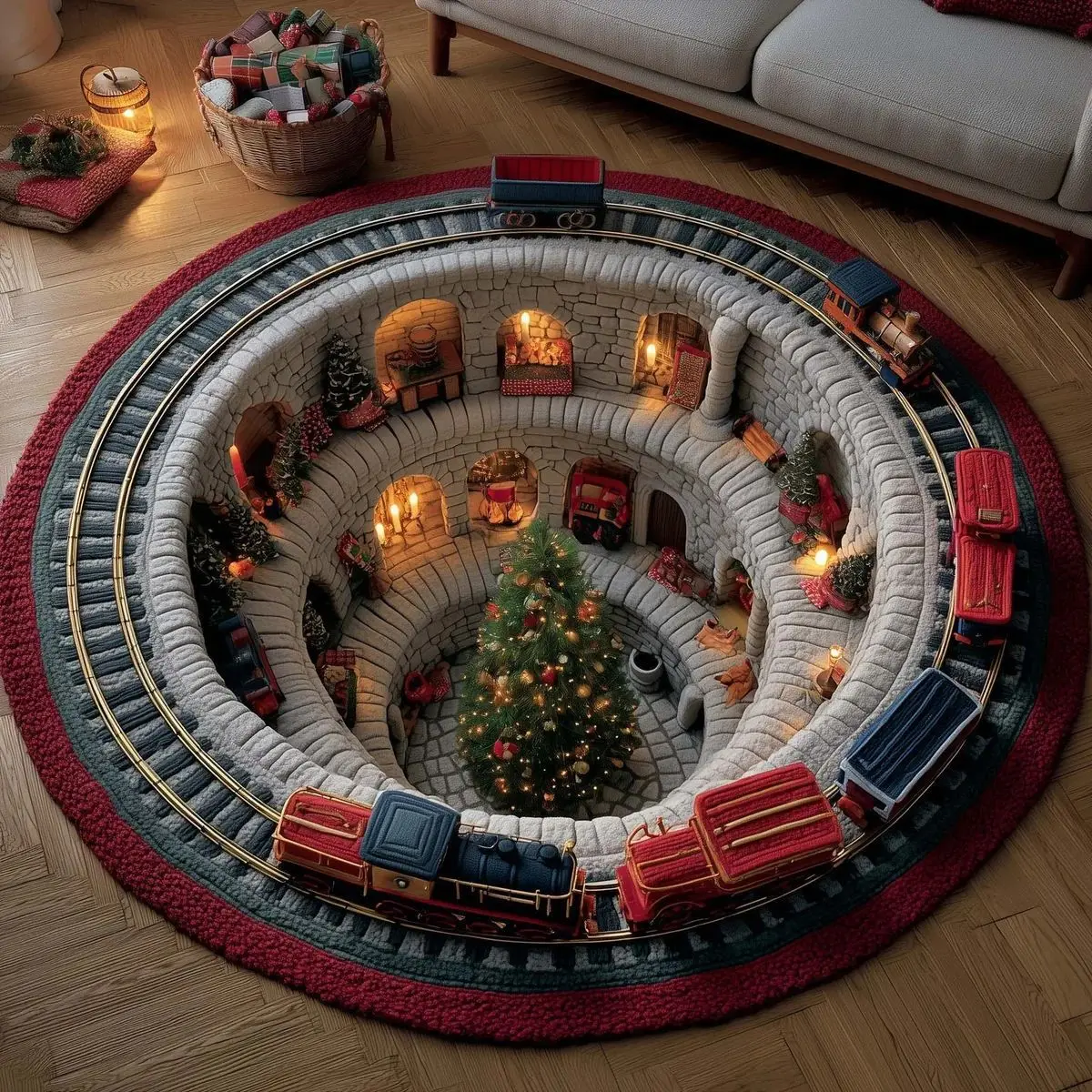 VIKAMA Christmas Train Tunnel Night Sky Round Rug Soft Flannel Non-Slip Bedroom Bedside Living Room Christmas Carpet Cozy Home