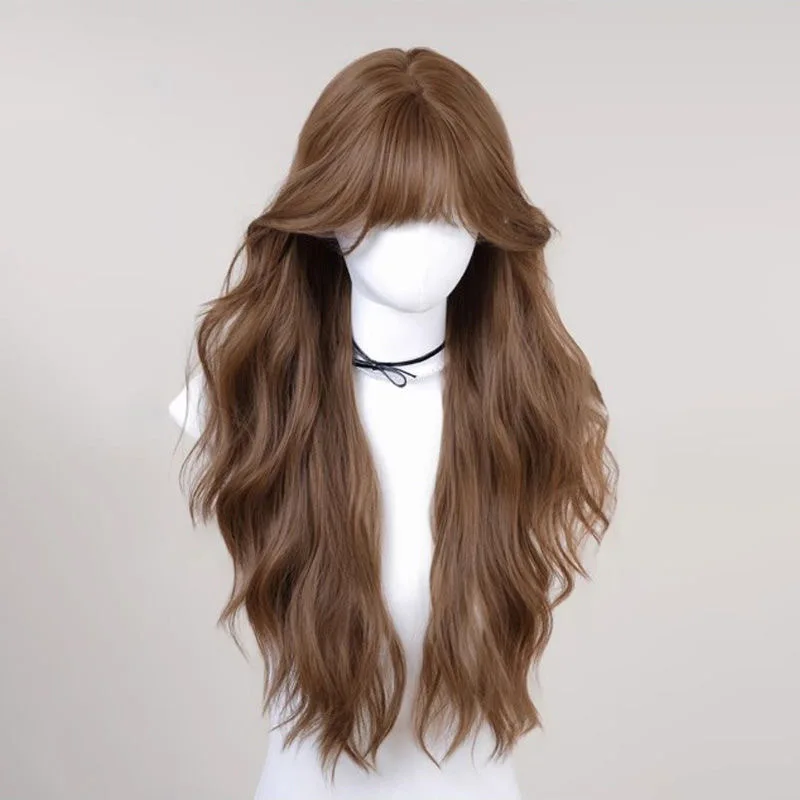 

Женский длинный волнистый парик с челкой, каштаново-коричневый, термостойкий, из синтетических волос, для повседневной носки