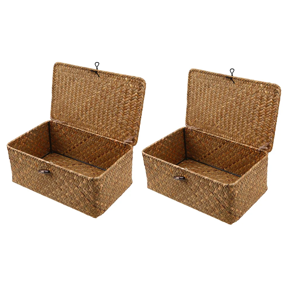 

Wicker Basket with Lid Woven Storage Box Toy Bins Laundry Organizer Natural Seaweed Baskets