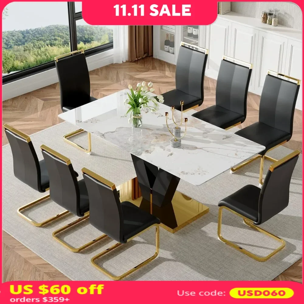 

71''9-piece Dining Table Set for 8,Marble Dining Table Set,Kitchen Tables with 8 PU Leather Chairs,Dining Table Set