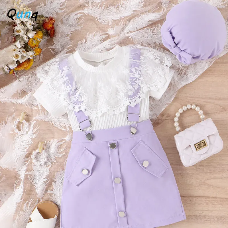 

Qunq 2023 Summer New Girls Lace Hollowed Out Doll Collar Short Sleeves TOP + Cute Suspender Skirt Casual Kids Clothes Age 3T-8T