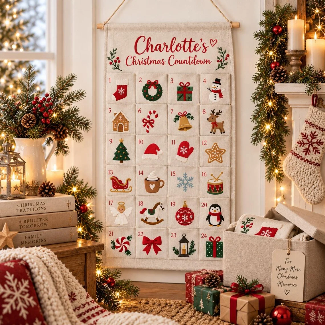 Personalisierter Weihnachts-Adventskalender mit individuellem Namen, Stoff-Wandbehang für Kinder, 24 Fächer, wiederverwendbare Weihnachtsdekoration