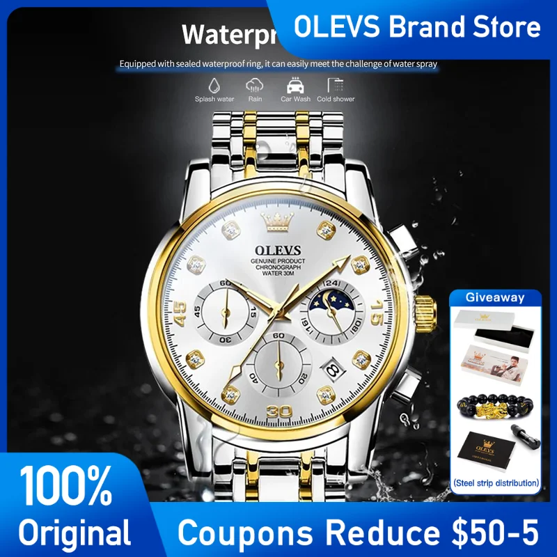 

OLEVS 2889 Mens Watch Original Quartz Watch Stainless steel Waterproof Luminous Moon Phase calendar Men's Wristwatch Brand Reloj