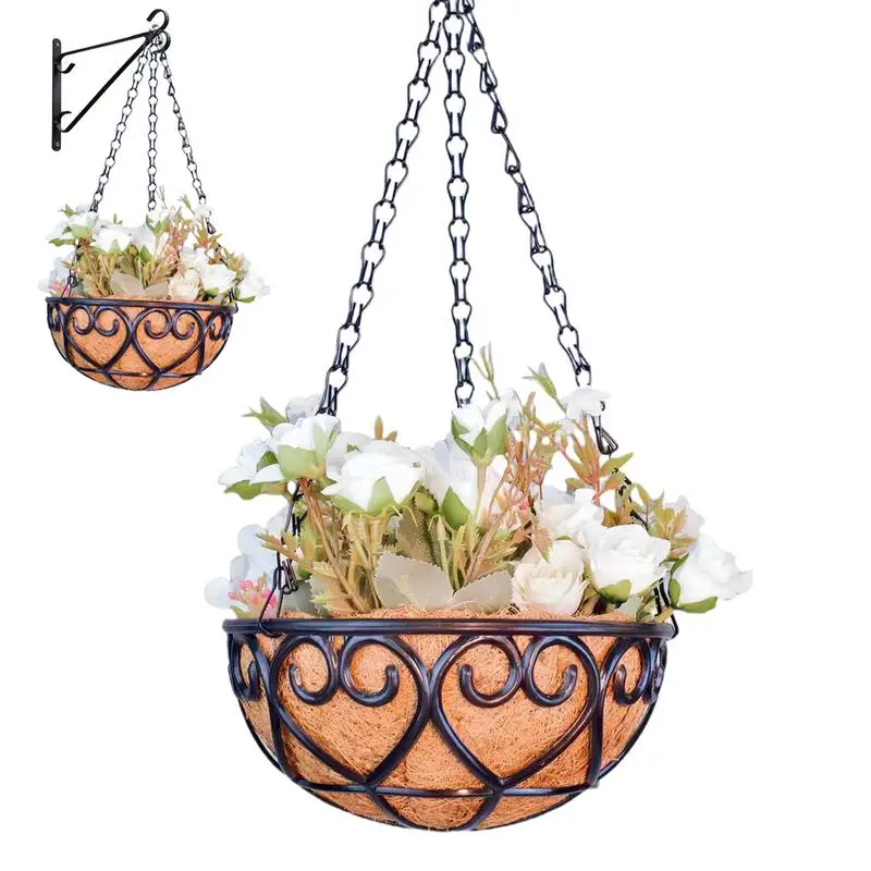 8/10 /12Inch Hangings Plant Basket Iron Planter Resin Plant Pot Garden Decoration Round Plant Holder with Chain for Patio Lawn