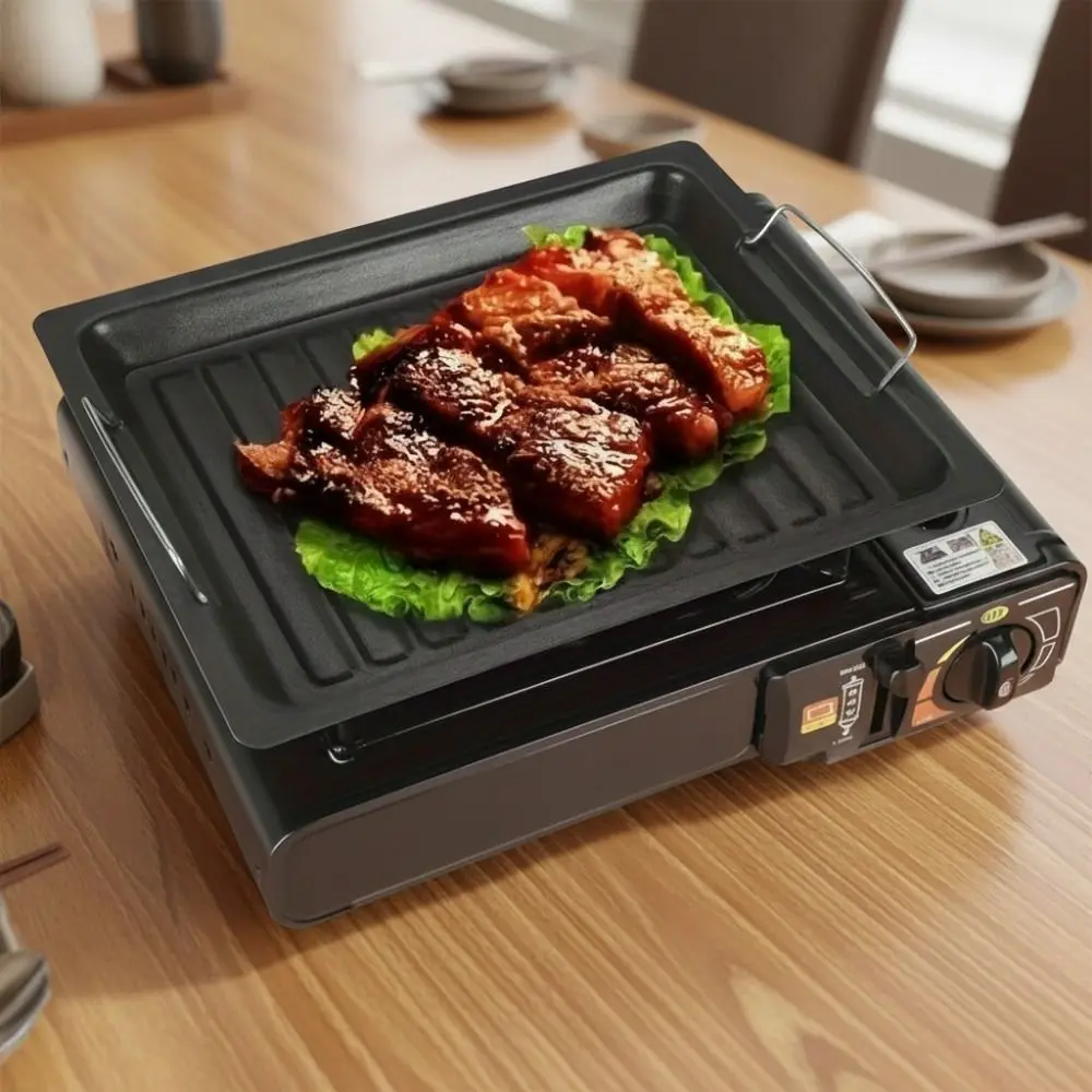 Non-stick Outdoor BBQ Grill Pan with Handle Striped Groove Grilling Plate Fast-heating Iron Grilled Fish Platter Grilled Sausage