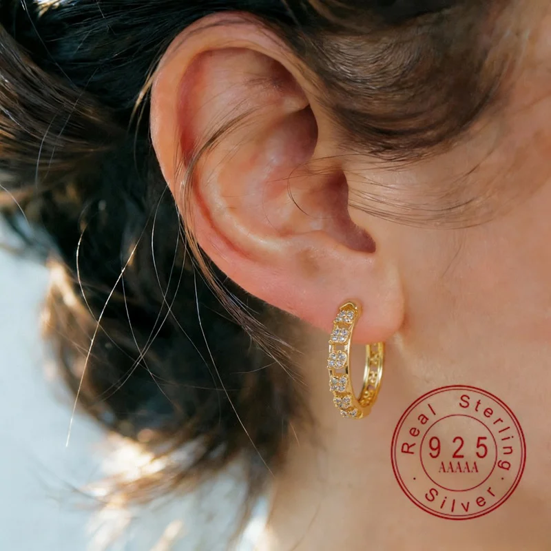 

Серьги-кольца из серебра 925 пробы с геометрическим круглым дизайном и цирконами, позолоченные, для женщин, модные украшения