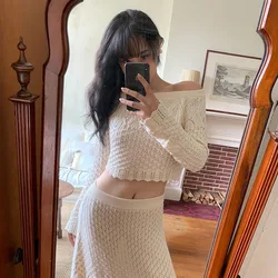 Women's Knitted Sweater Skirt Two-Piece Suit New Sexy Hollow Off-Neck Long Sleeve Sweater Skirt Suit