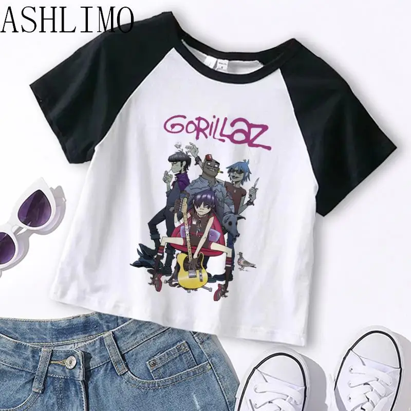 Gorillaz PUNK ROCK Music Band Women Summer 90s Crop Tops O-neck Short Sleeve T-shirts Clothes Shirt Vintage Y2K Bf Clothing Tee