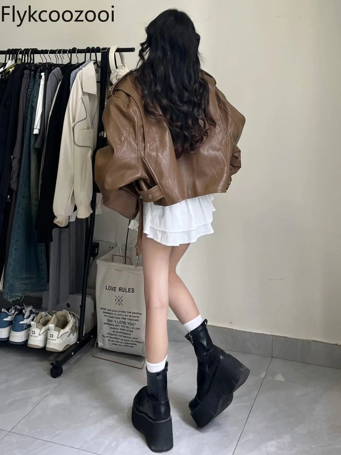 American Coffee Color Locomotive Leather Coat Woman 2024 Spring New Loose Temperament Jacket Top Winter Clothes Women